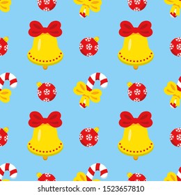 Christmas seamless pattern with gold bell, candy, Christmas ball on blue. Happy New Year, winter, holidays texture for print, paper, design, fabric, decor, gift wrap, background. Vector illustration