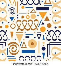Christmas seamless pattern with gold and blue confetti, swirls, stars. Festive pattern for wrapping paper, surface textures, scrapbook