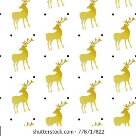 Christmas seamless pattern with gold deer. Vector texture for gift packaging, invitation card, cover, wallpaper, scrapbook, textile, holiday decor.
