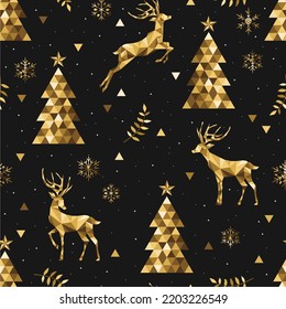 Christmas seamless pattern with gold deers and trees. Tree polygonal decoration. Celebration design for paper, cover, fabric, interior decor and other.