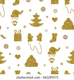 Christmas seamless pattern with gold glitter textured design elements.