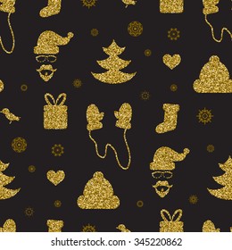 Christmas seamless pattern with gold glitter textured design elements on the black background.
