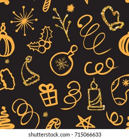 Christmas seamless pattern with gold glitter effecct. Winter holidays background. 