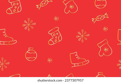 Christmas seamless pattern with gold hand drawn snowflakes, mittens, skates and candies on red background. Wrapping paper, event, party greeting, Christmas concept.