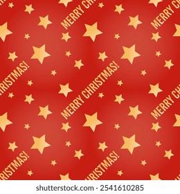 Christmas seamless pattern with gold lettering and stars on a red background. Print, vector illustration