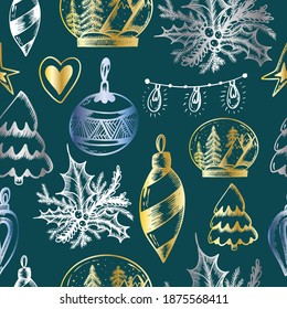 Christmas seamless pattern gold on emerald background. Christmas print in hand draw style. Lights, Christmas tree, Christmas tree toy, heart, snow globe. Vector illustration.