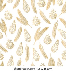 Patrón de Navidad sin costura, con plantas de oro. Brunch de cono de pino al estilo de la línea de doodle, elementos tradicionales de Año Nuevo y Navidad. Moderna decoración de fondo blanco.