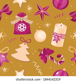 Patrón ininterrumpido de Navidad en tonos dorados y rojos con elementos festivos: estrellas, bolso de regalo, tiras, bolas de Navidad, arcos, bastón de caramelo, velas, picor. Vector, aislado.