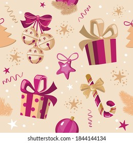 Christmas seamless pattern in gold and red tones with festive elements: stars, gift, streamers, bells, bows, fir branches, caramel cane. Vector, isolated.
