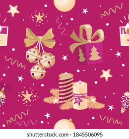 Christmas seamless pattern in gold and red tones with festive elements: bells, stars, gift, streamers, bows, candles, Christmas balls. Vector, isolated.