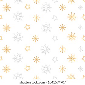 Patrón ininterrumpido de Navidad con copos de nieve de oro y plata sobre fondo blanco, vector