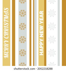 Christmas seamless pattern in gold and silver colors. Vertical stripes, snowflakes and text. Print for wrapping paper. New Year vector background.