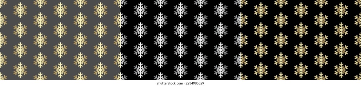 Patrón de Navidad sin fisuras con copos de nieve de oro y plata para papel envoltorio, diseño de portada, postal, afiche, volantes, tarjeta. Vector puesto sobre fondo negro y gris. Ornamento navideño de lujo en invierno.