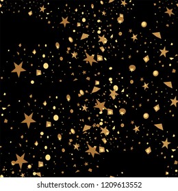 Christmas seamless pattern of gold stars and confetti for labels, packages, wrappers, packages, fabrics. Festive vector image. Vector background.