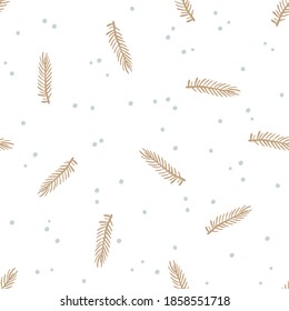 Christmas Seamless Pattern with gold Christmas tree branches and snow. Hand drawn design for wallpaper, wrapping, scrapbooking, print, manufacturing. Winter holiday design. New year background