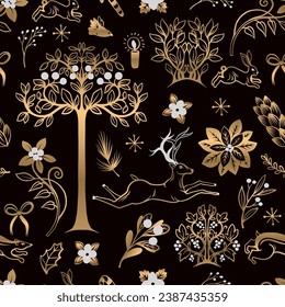 Christmas seamless pattern with gold trees, flowers, deer and rabbit. Vector