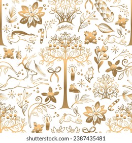 Christmas seamless pattern with gold trees, flowers, deer and rabbit. Vector