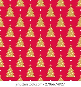 Christmas Seamless Pattern with Gold Christmas Trees on Red Background – Elegant Festive Holiday Tree Design
