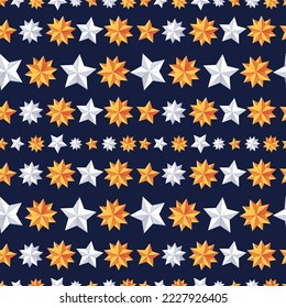 Christmas seamless pattern with gold and white stars on a blue background. Suitable for holiday wrapping paper, fabric, wallpaper