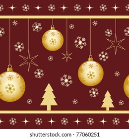 Christmas seamless pattern with gold xmas balls, stars, snowflakes and xmas trees on a dark background. Raster also available.