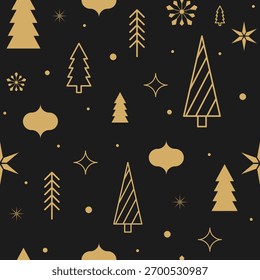 christmas seamless pattern with golden abstract christmas tree and snowflakes