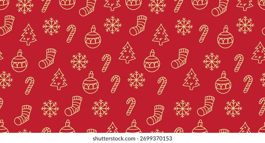 Navidades sin patrón con Elementos de oro doodle sobre fondo rojo