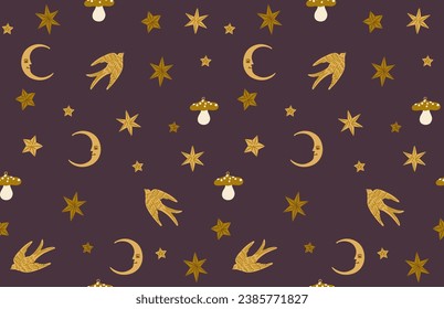 Christmas seamless pattern with golden holidays elements. Snowflakes, moon, birds and mushrooms