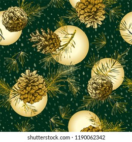 Christmas seamless pattern with golden realistic botanical ink sketch of fir tree branches with pine cone on snow background. Good idea for templates invitations, greeting cards. Vector illustrations