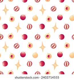 Christmas seamless pattern with golden and red Christmas tree ornaments on white background. Background illustration with Christmas decoration
