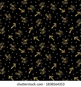 Christmas seamless pattern. Golden rowan and spruce twigs on black backgound.
