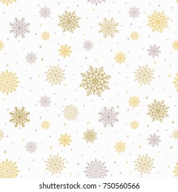 Christmas seamless pattern with golden and silver snowflakes. Decoration gift wrapping paper. Symbol of winter and celebration Christmas or New Year. Vector Illustration.