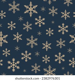 Christmas seamless pattern with golden snowflakes on navy blue background. Winter decoration. Merry christmas vector illustration.