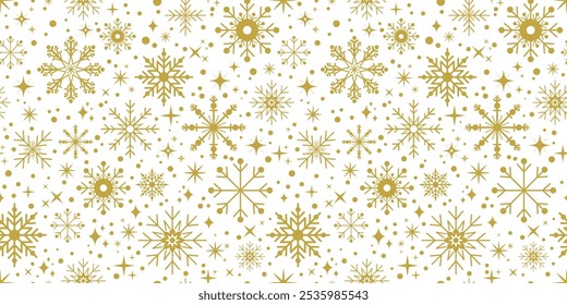 Navidades sin patrón con copos de nieve de oro y estrellas. Iconos de copo de nieve. Diseño de invierno. Fondo de nieve. 