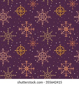 Christmas seamless pattern with golden snowflakes. Winter pattern, ornament, New Year's design. Hand drawn vector illustration. Snow and confetti.