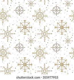Christmas seamless pattern with golden snowflakes. Winter pattern, ornament, New Year's design. Hand drawn vector illustration. Snow and confetti.