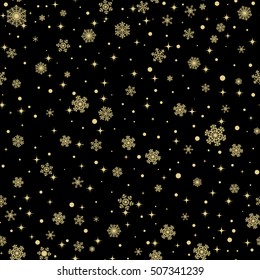 Christmas seamless pattern with golden snowflakes on black background