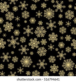 Christmas seamless pattern with golden snowflakes on black background