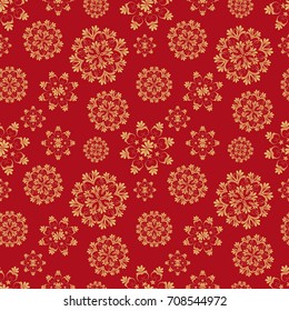 Christmas seamless pattern with golden snowflakes on red background. vector illustration.