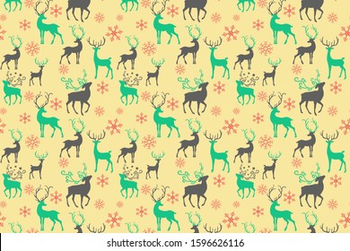 Christmas seamless pattern with gorgeous deers and snowflake.  winter holiday wallpaper for your design. Vector illustration
