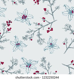 Christmas seamless pattern, graceful, Holly, hand drawing, vector
