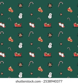 Weihnachten nahtloses Muster mit grünem Hintergrund, Geschenk, Weihnachtsmann, Schneeflocke, Kerze, Dekoration, Vektormuster