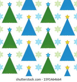 Christmas seamless pattern with Christmas green and blue Christmas trees with stars and snowflakes.