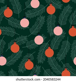Navidad sin fisuras en color verde con ramas de abetos y juguetes de Año Nuevo. Imprimir para envoltura de regalo para Feliz Año Nuevo y Feliz Navidad. Ilustración vectorial