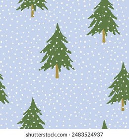Christmas seamless pattern, green fir trees, white snow, light blue background. Vector illustration. Nature design. Season greeting. Winter holidays