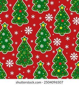 Navidades sin patrón con abetos verdes y copos de nieve blancos sobre un fondo rojo. Para Navidades y diseño de Nuevo año de Fondos de pantalla, fondos, tela, papel tisú, scrapbooking, etc. Vector