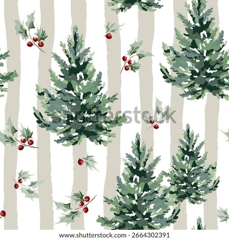 Christmas seamless pattern, green fir trees, holly twigs with red berries, striped beige and white background. Vector illustration. Nature design. Season greeting. Winter holidays