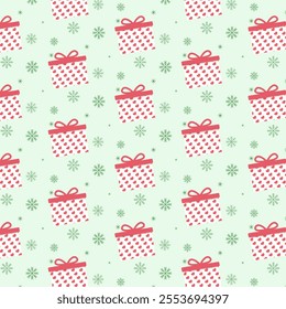 Christmas seamless pattern.Red and green gift boxes with snowflakes isolated on background.Vector graphic illustration wallpaper.