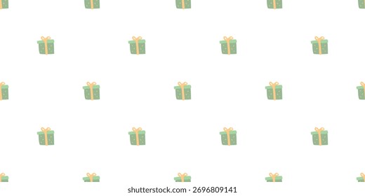 Christmas seamless pattern with green and gold gifts and red bows. Minimal festive design for wrapping paper, textiles, and cards. Vector illustration