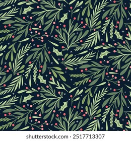 Fundo de Natal, folhagem, botânica, bagas, ramos, verde, azul, estética, abstrato, núcleo cottage, impressão, tecido, textura, estilo de silhueta plana, ilustração vetorial, padrão sem emenda. 