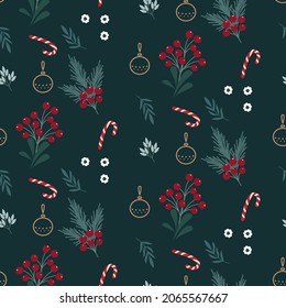 Christmas seamless pattern with green leaves, candy sticks and red berries background design